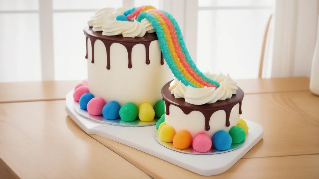 in the kitchen, on a wooden table, on a porcelain plate, two cakes made of white cream, sugar candies on the bottom, chocolate ganache on the cake, white swirls on the chocolate ganache, window light, bright lights, soft light, window light, professional lighting, light from the window, neat light, realistic texture, realistic style, detailed texture, high quality, high resolution, high quality rendering, realistic photo, brightning light, macro photo
