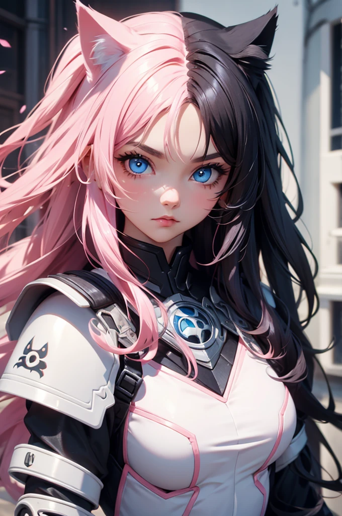 two toned hair, pink hair, black hair, cat girls, blue eyes, long wavy hair,, cat girl, blue eyes, armor