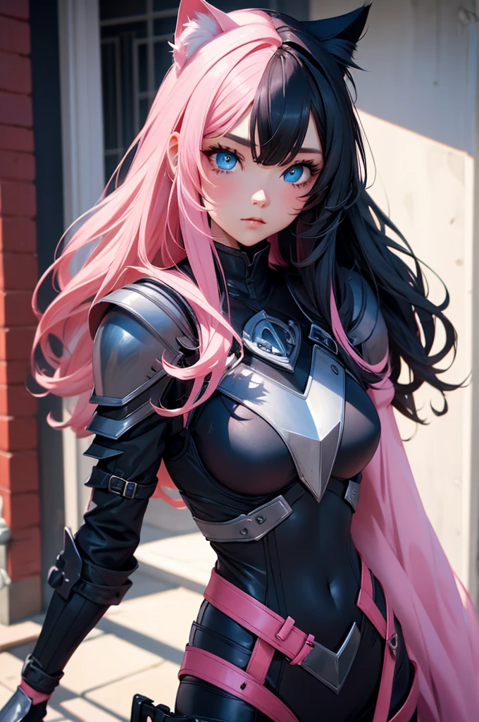 two toned hair, pink hair, black hair, cat girls, blue eyes, long wavy hair,, cat girl, blue eyes, armor