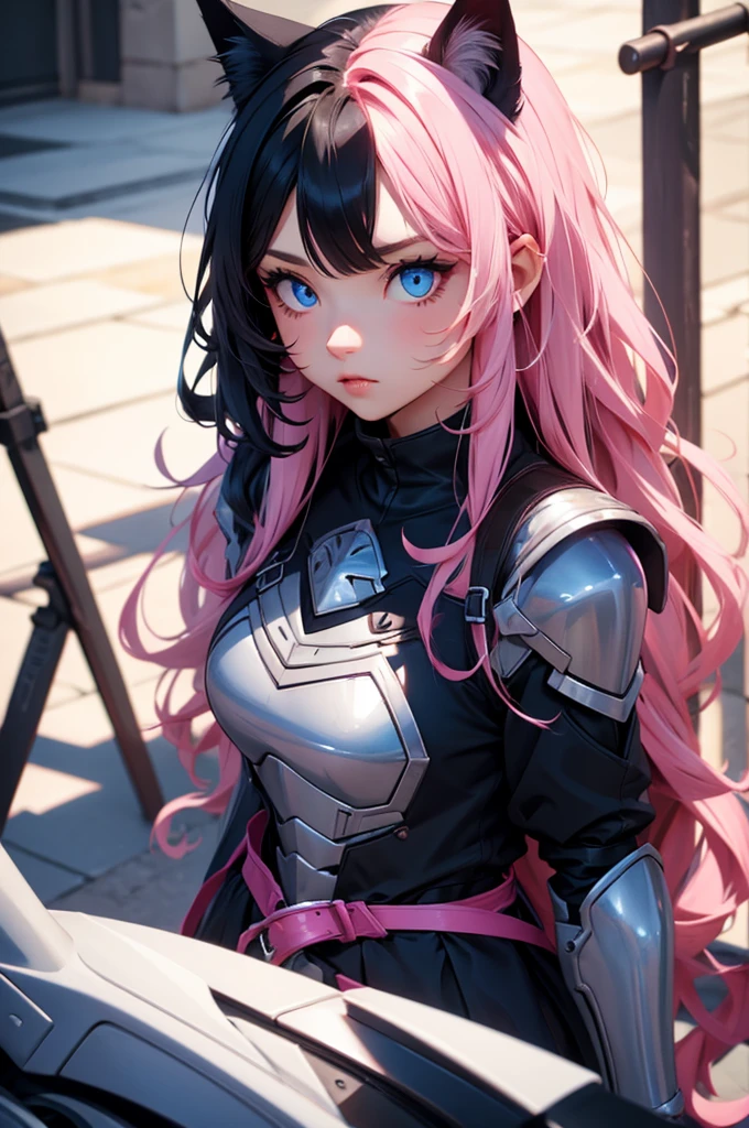 two toned hair, pink hair, black hair, cat girls, blue eyes, long wavy hair,, cat girl, blue eyes, armor