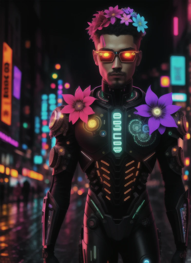 Award-winning masterpiece photo of a cyborg man with psychedelic flowers, standing on a city street at night in the rain., wear glowing neon glasses, 8 k, (high quality:1.1), (Cinematic Feel:1.1), dark deep shadows, incredibly intricate detailing, art , (close:1.1), Above, Looking at the viewer, (the light sparkles:1.1), (Chromatic aberration,:1.2) background with floating light artifacts