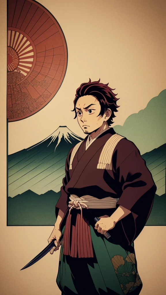 "An Ukiyo-e style image of Tanjiro Kamado from Demon Slayer, depicted in the traditional Japanese woodblock print style. He is standing in a powerful pose with his Nichirin Blade, ready to strike. The background features a classic Japanese landscape with elements like cherry blossoms, mountains, and traditional architecture, enhancing the traditional and dynamic feel of the scene."