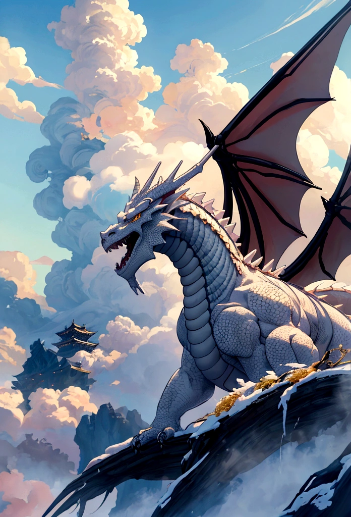 (tmasterpiece), (Best quality at best), Cinematic quality，Rendered by Octane，Ultra-detailed details，Cloud dragon composed of white clouds，Huge JAPANESE dragon，Slender dragon body，body of revolution，Dragon tail，Dragon's Horn，dragon claw，