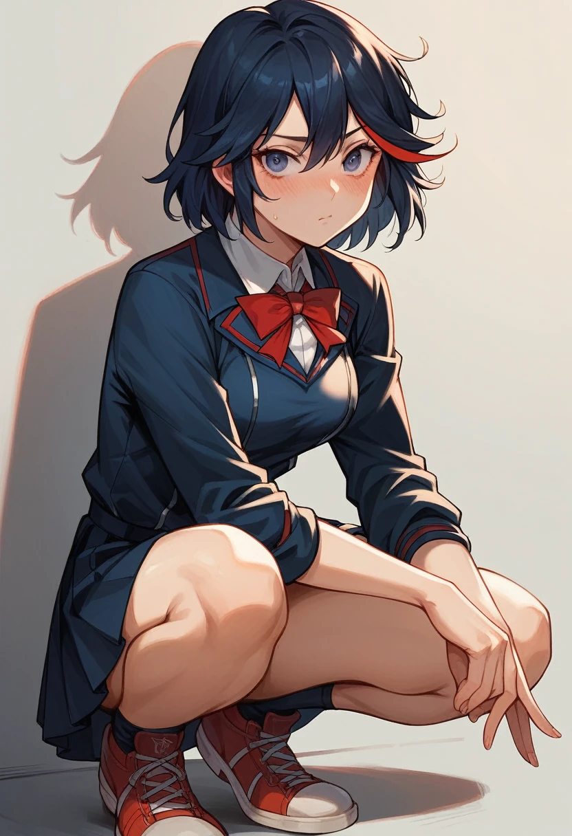 Beautiful, masterpiece, Best quality, very detailed face,  perfect lighting, 1 girl, One,  Matoi Ryuuko B, shadow, Suspender skirt, Squat,blush,  cowboy shot