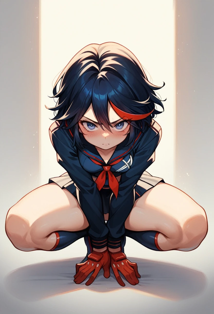 Beautiful, masterpiece, Best quality, very detailed face,  perfect lighting, 1 girl, One,  Matoi Ryuuko B, shadow, Suspender skirt, Squat,blush,  cowboy shot