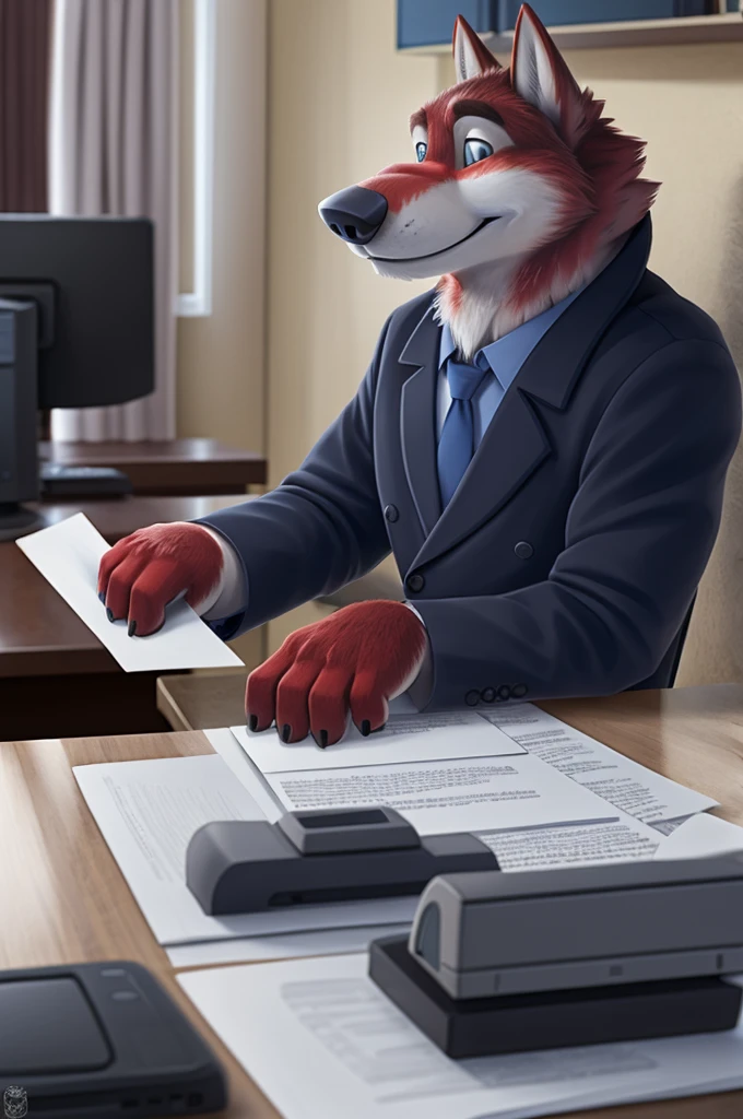 Ivan Fedorovich Wolfbach (Novosibirsk) ,Tall, handsome man, wolf,young, 24 years, brown fur,Kind,(red body:1.3),beautiful blue eyes,Novosibirsk,dressed, black jacket awards on jacket, shirt, Red tie, trousers, wolf, detailed fur, man ,paw pads, finger claws,per viewer, 5 fingers, paws, 5 fingers, smile, wrist watch, nextel, by xenoforge, (complex, high detail, digital photography, soft focus, RAW variety viewer, Very close to the camera) , variety, Novosibirsk, smile, good mood, positive, Very close to the camera, GOVERNOR, is sitting, at the computer, is sitting за компьютерным столом,cabinet, GOVERNORа, writes documents, to the city, GOVERNOR Novosibirskа, Journalists,
Photorealism, realism, digital style, Subsurface scattering, I look at the viewer, is sitting пишет книгу конферетный стол, handle, paper,
masterpiece, Best quality, ultra realistic, 8 thousand.)