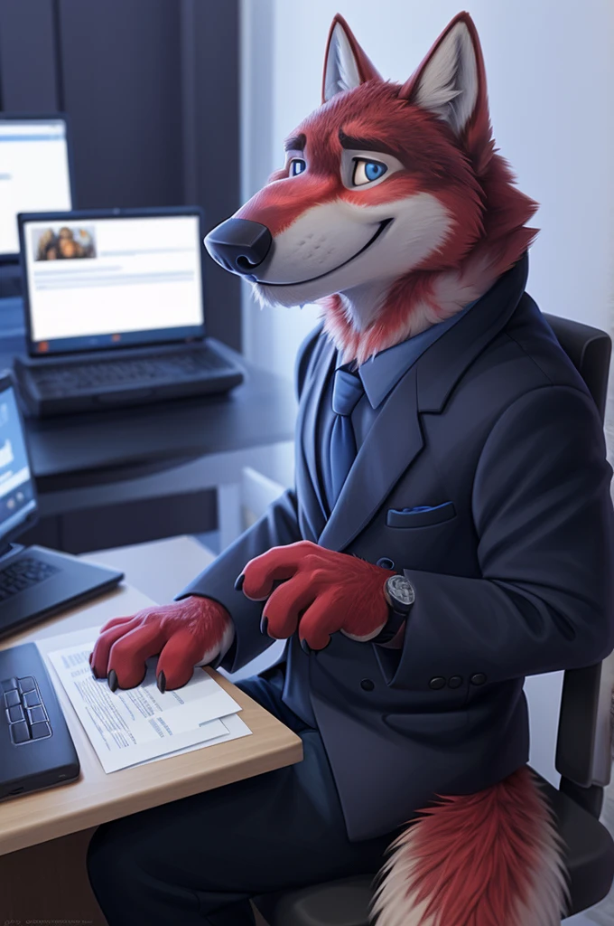Ivan Fedorovich Wolfbach (Novosibirsk) ,Tall, handsome man, wolf,young, 24 years, brown fur,Kind,(red body:1.3),beautiful blue eyes,Novosibirsk,dressed, black jacket awards on jacket, shirt, Red tie, trousers, wolf, detailed fur, man ,paw pads, finger claws,per viewer, 5 fingers, paws, 5 fingers, smile, wrist watch, nextel, by xenoforge, (complex, high detail, digital photography, soft focus, RAW variety viewer, Very close to the camera) , variety, Novosibirsk, smile, good mood, positive, Very close to the camera, GOVERNOR, is sitting, at the computer, is sitting за компьютерным столом,cabinet, GOVERNORа, writes documents, to the city, GOVERNOR Novosibirskа, Journalists,
Photorealism, realism, digital style, Subsurface scattering, I look at the viewer, is sitting пишет книгу конферетный стол, handle, paper,
masterpiece, Best quality, ultra realistic, 8 thousand.)