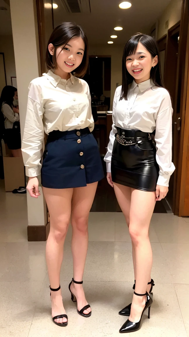 (Highest quality, masterpiece, Photo Real, Super detailed, Ultra-high resolution, born:1.3), (Two girls laughing at the camera), beautiful, Japanese, 20-year-old, (mini skirt), (Looking at the camera and laughing with his mouth wide open), high waist, office, (Long legs, High heels, whole body:1.2),(Top view:1.2)