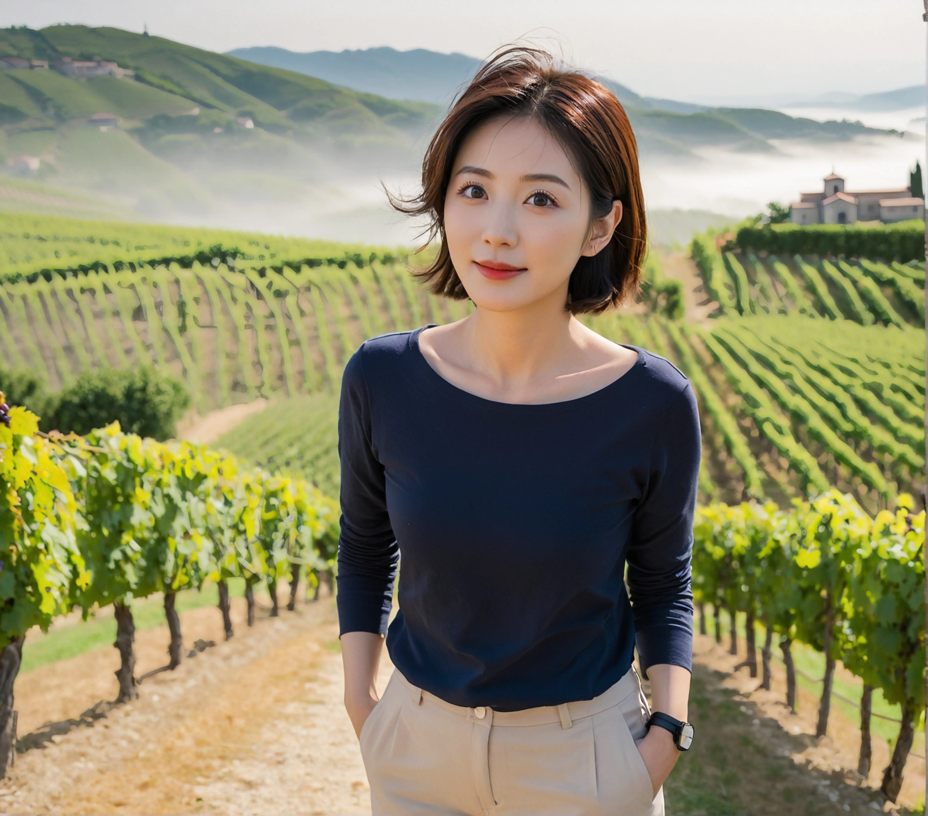 8k best picture quality, Beautiful 36-year-old Korean woman, You have good skin and big and pretty eyes... Chest size 34 inches, italian countryside, past the vineyard, The cathedral can be seen in the distance in the thick fog..., The background is realistic and vivid quality.., Short and medium hair blowing in the wind, I neatly wore a short, travel-friendly luxury brand jumper over a T-shirt that went up to my neck... beige casual pants, smile. the background is clear, Short and slim Korean woman, stand far away, Photo taken with a wide-angle lens, A woman with big and pretty eyes, eyes are round and big, Taken while standing on a hill overlooking a vineyard, The red light before the morning sun rises is soft., Full body photo taken with Canon Mark 5 camera 16-35 wide angle lens, On a hill overlooking a vineyard