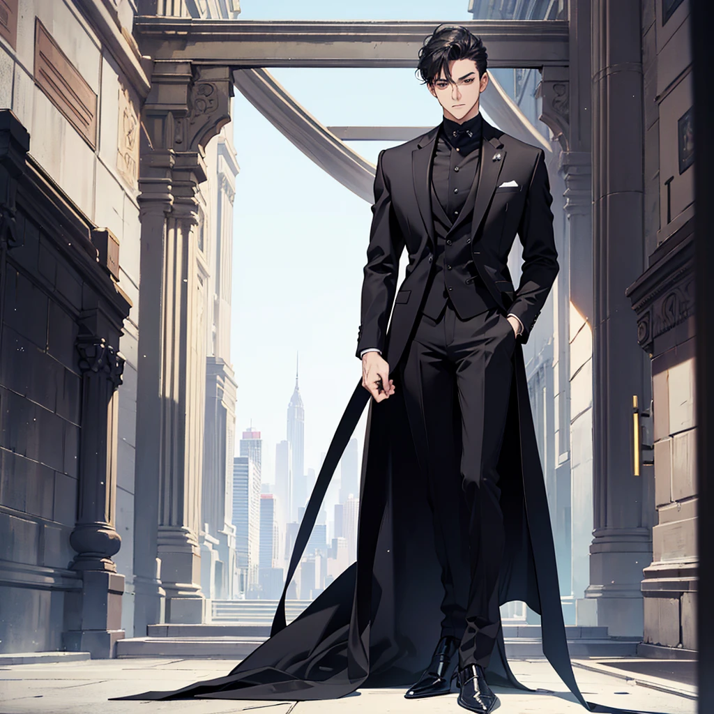 masterpiece, best quality, one man, black suit, full body, standing, simple background,
