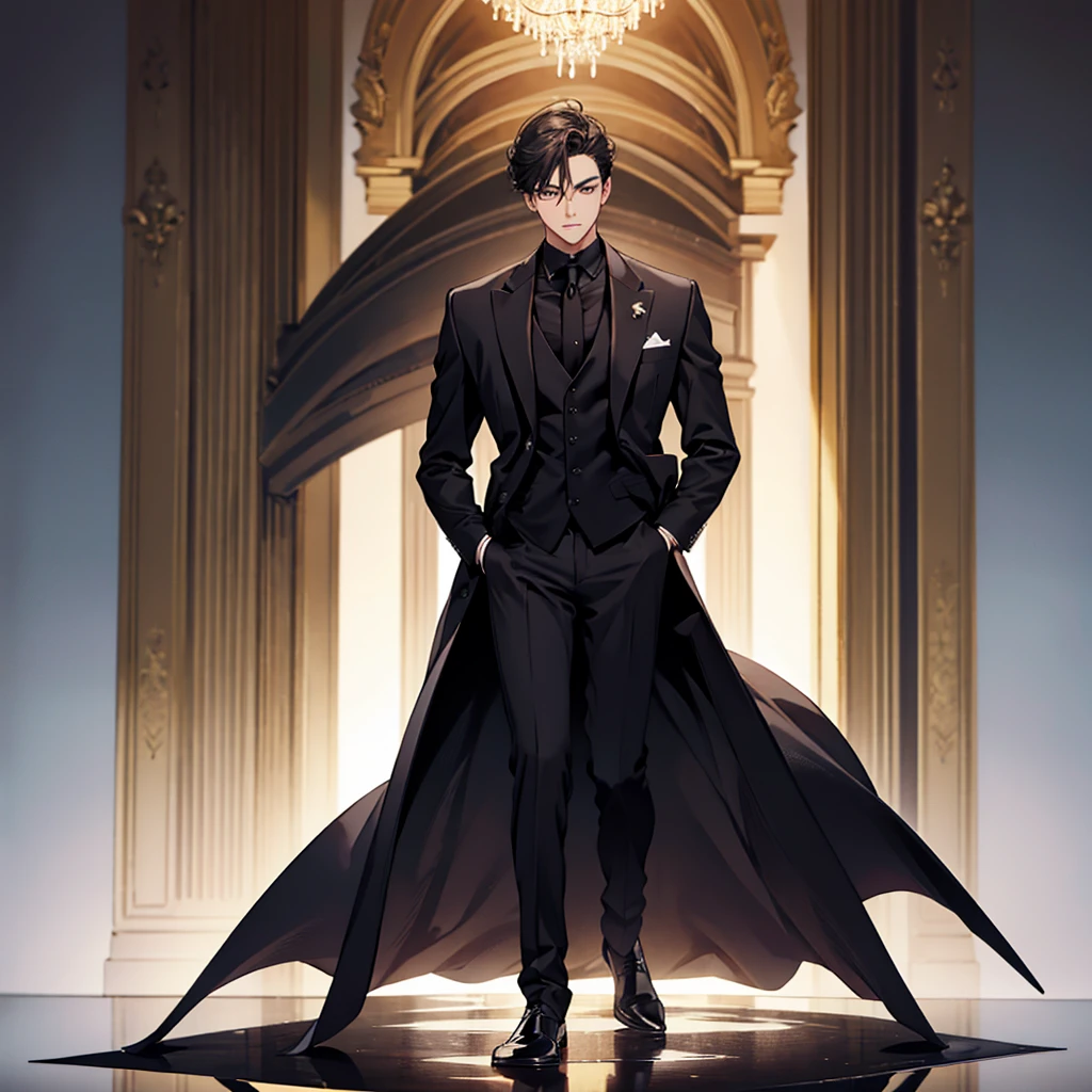 masterpiece, best quality, one man, black suit, full body, standing, simple background,