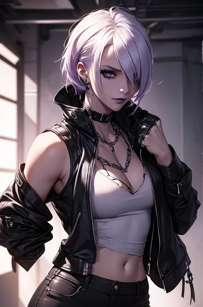 a punk girl, student, hooligan, short messy white hair, purple eyes, black punk clothes, punk, chains, black sleeveless top, baggy black pants, sadistic smile, aggressive, dark purple lipstick, thug, (best quality,4k,8k,highres,masterpiece:1.2),ultra-detailed,(realistic,photorealistic,photo-realistic:1.37),cinematic lighting,dramatic shadows,gothic,dark fantasy,moody,dramatic, leather jacket hanging from the shoulders pumped up muscles