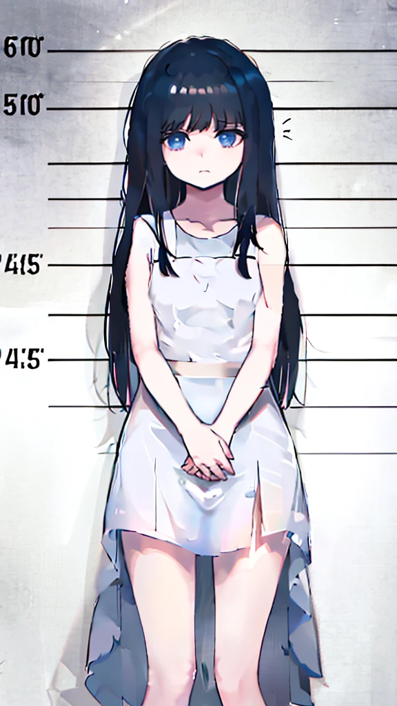 (Long straight black hair,Air bangs),(innocent,big blue eyes),(C cup,Petite stature,fair skin),(Only wearing a pure white dress,Flat mouth,spaghetti straps),(The length of the dress should not exceed the thigh,You should be able to see the curve of your thighs),(Black gray background),(Put your hands down by your sides,Standing,Looks a little shy)