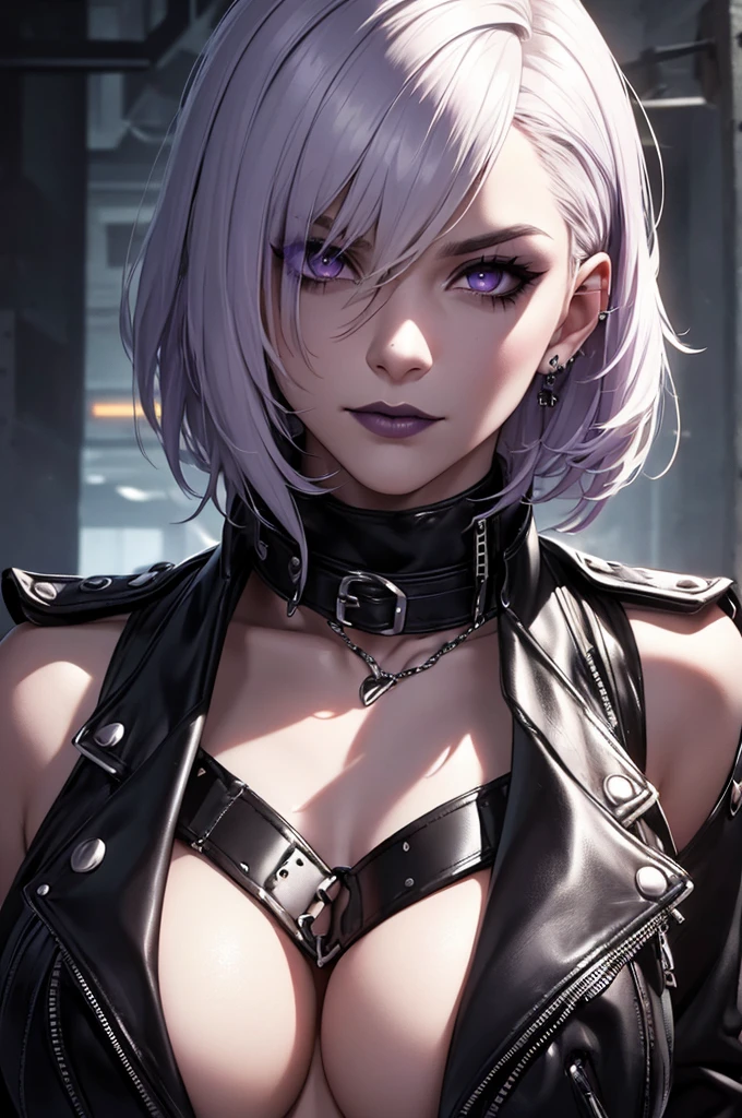 a punk girl, student, hooligan, short messy white hair, purple eyes, black punk clothes, punk, chains, black sleeveless top, baggy black pants, sadistic smile, aggressive, dark purple lipstick, thug, (best quality,4k,8k,highres,masterpiece:1.2),ultra-detailed,(realistic,photorealistic,photo-realistic:1.37),cinematic lighting,dramatic shadows,gothic,dark fantasy,moody,dramatic, leather jacket hanging from the shoulders pumped up muscles