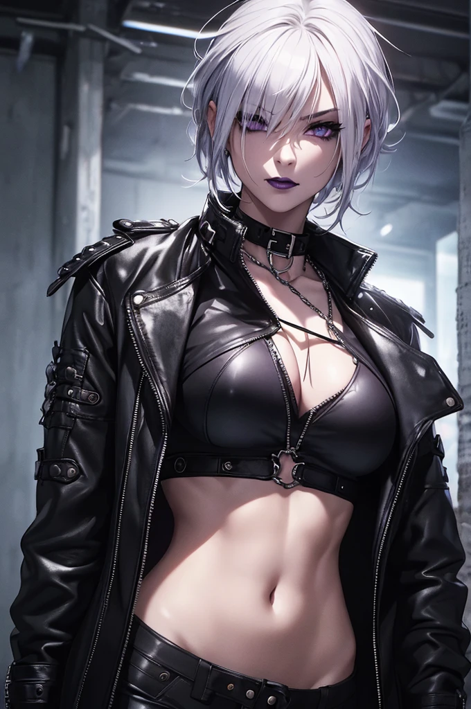 a punk girl, student, hooligan, short messy white hair, purple eyes, black punk clothes, punk, chains, black sleeveless top, baggy black pants, sadistic smile, aggressive, dark purple lipstick, thug, (best quality,4k,8k,highres,masterpiece:1.2),ultra-detailed,(realistic,photorealistic,photo-realistic:1.37),cinematic lighting,dramatic shadows,gothic,dark fantasy,moody,dramatic, leather jacket hanging from the shoulders pumped up muscles