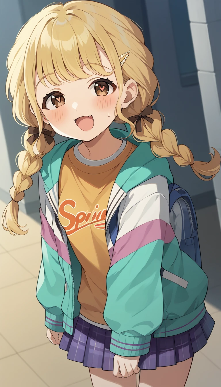 score_9, score_8_up, score_7_up, source_anime, rating_safe, fujita kotone,brown eyes, blonde hair,twin braids,hair ornament,(white hairclip:0.8), multicolored hoodie,sleeves past wrists,orange shirt,pleated skirt,plaid skirt, heart eyes,open mouth,dutch angle,small breast ,blush, メスガキ