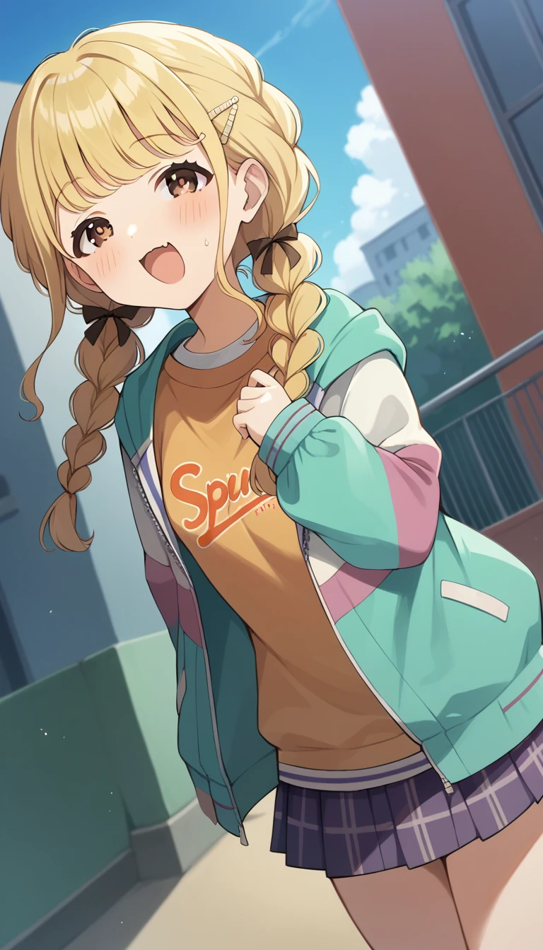 score_9, score_8_up, score_7_up, source_anime, rating_safe, fujita kotone,brown eyes, blonde hair,twin braids,hair ornament,(white hairclip:0.8), multicolored hoodie,sleeves past wrists,orange shirt,pleated skirt,plaid skirt, heart eyes,open mouth,dutch angle,small breast ,blush, メスガキ