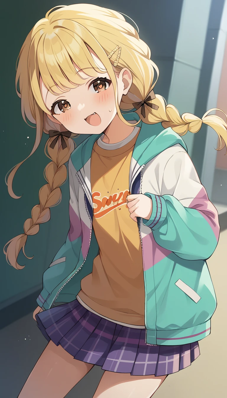 score_9, score_8_up, score_7_up, source_anime, rating_safe, fujita kotone,brown eyes, blonde hair,twin braids,hair ornament,(white hairclip:0.8), multicolored hoodie,sleeves past wrists,orange shirt,pleated skirt,plaid skirt, heart eyes,open mouth,dutch angle,small breast ,blush, メスガキ