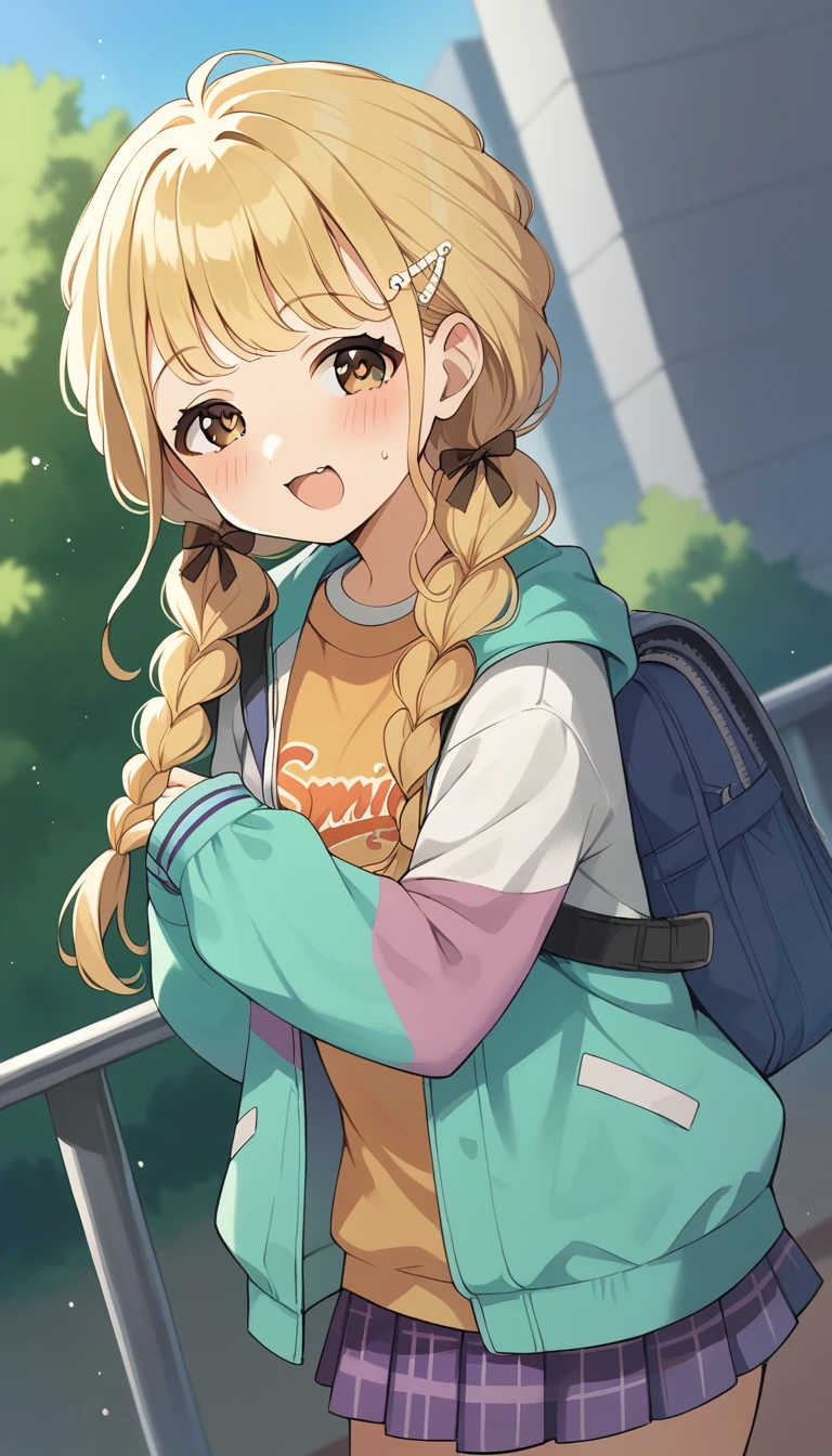 score_9, score_8_up, score_7_up, source_anime, rating_safe, fujita kotone,brown eyes, blonde hair,twin braids,hair ornament,(white hairclip:0.8), multicolored hoodie,sleeves past wrists,orange shirt,pleated skirt,plaid skirt, heart eyes,open mouth,dutch angle,small breast ,blush, メスガキ