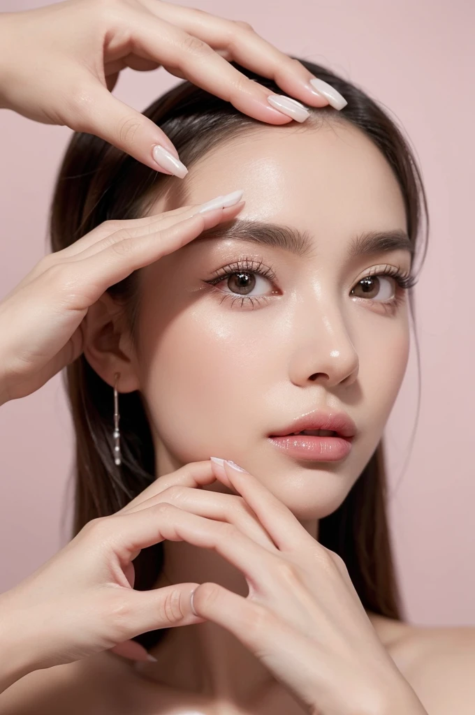 A close-up portrait of a woman in a salon setting, focusing on her hair, eyelashes, and eyebrows. She has dusty pink nail polish on her nails, which are clearly visible as her hand gently touches her cheek. Her hand is elegantly positioned with well-defined fingers and nails. The background is pure white, creating a clean and bright atmosphere.