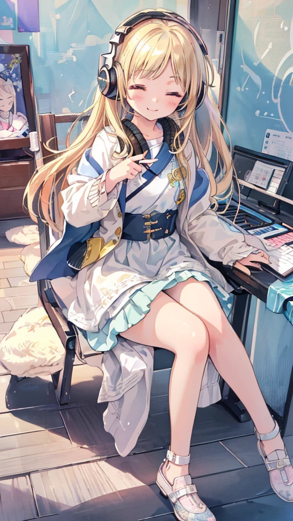 (Highest quality）、（masterpiece：1.2）、（colorful：0.9）、（Color Scattering）、（Watercolor)、Sharp focus shots, High resolution, (Anime Style:1.1), ) ((Highest quality)), (Very detailed), (beautiful), alone, beautiful face、、(Sitting on a chair in the room、He is wearing headphones and listening to music with his eyes closed, looking happy.、Detailed drawing of a cute girl:1.3)、Cute clothes、(Long, shiny, vibrant blonde hair:1.2),colorful eyes,dramatic,、(mini skirt)、Esbian all over、pastel colour
