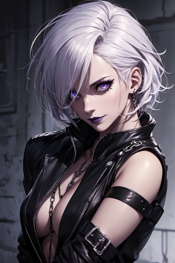 a punk girl, student, hooligan, short messy white hair, purple eyes, black punk clothes, punk, chains, black sleeveless top, baggy black pants, sadistic smile, aggressive, dark purple lipstick, thug, (best quality,4k,8k,highres,masterpiece:1.2),ultra-detailed,(realistic,photorealistic,photo-realistic:1.37),cinematic lighting,dramatic shadows,gothic,dark fantasy,moody,dramatic, leather jacket hanging from the shoulders pumped up muscles