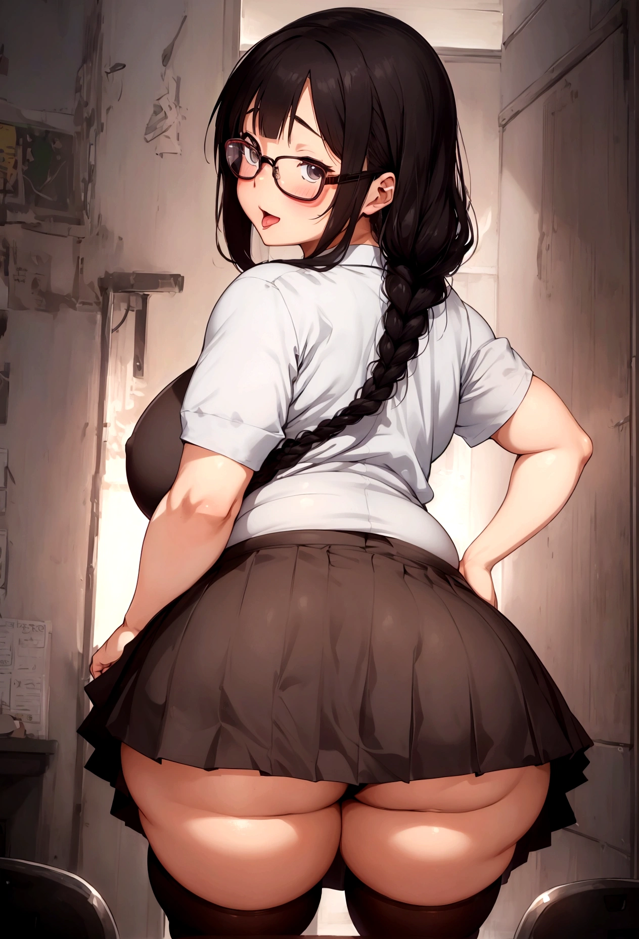Anime-style image of a woman wearing a short skirt and glasses, hyperRealistic , a hyperRealistic , chic, Realistic , , Gwaiz, artwork in the style of Gwaiz, (SFW) Safe at Work, [ 4k digital art ]!!, Short full body portrait!,(masterpiece), (One serious civil service commissioner: 1.3), (Super thick and plump body: 1.3), (Huge breasts and buttocks)), (Small Head: 1.2), (Very small uniform)), {Raise both arms up},(Shiny skin: 1.2), (A speech while crouching in the stands in the schoolyard in the morning)), {fat},1boy, penis, doggystyle, from behind, spreadassms, chubby body, fat body, short,ultra detailed, masterpiece, best quality, blush, a woman, rolling eyes, open mouth, school girl, wearing , wearing glasses, classroom, sunset, light particles, hdr, brown grey hair, midium wavy hair, shiny hair, bang, single braid, clear grey eyes, Smiling Kiss, Tongue Out, アニメ ,orgasm face, sexual climax, bitch, back shot, back view, low angle, from below, back view, arched back, looking back, all fours, chubby body, BIG ASS , saliva, BBW, slender waist, anal, seiza, hands on head,white eyes, Hand Drawn, Showing Ass, Bobcut, Knee socks, (Super thick and plump body: 1.3), Butt sticking out, Close your legs, seiza, spread legs, pleated skirt,long pleated skirt, I can&#39;t see your butt, Buttocks hide, Super big butt, Awesome numbness , Plump , Chubby, Butt sticking out,