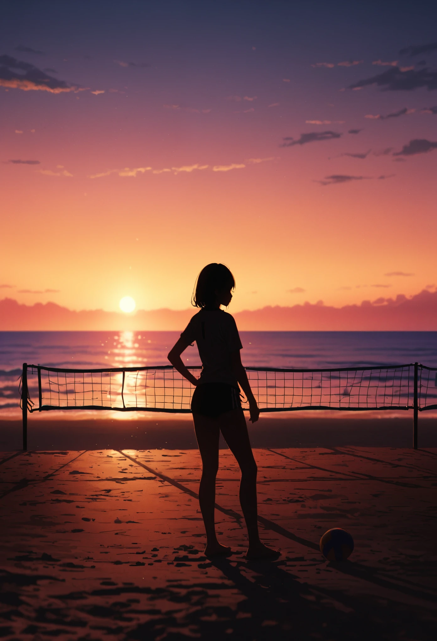 Beach volleyball court, A lonely, empty volleyball court, coastal, evening, Beach volleyball court silhouette, Quiet waves, The darkening sky, Magic Hour,  Black-tailed Gull, Sunset ,Lonely space, masterpiece:1.2, Very detailed, 8K, Bright colors, Natural lighting.