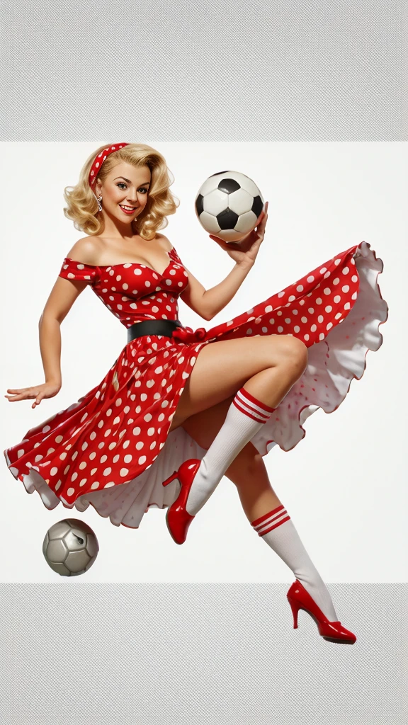 smiling blonde pin-up girl holding a soccer ball in her hands, full length in a red dress with big polka dots, wavy short pin-up hairstyle with a red bandana, dynamic pose curved waist, professional shot, super realism, white background