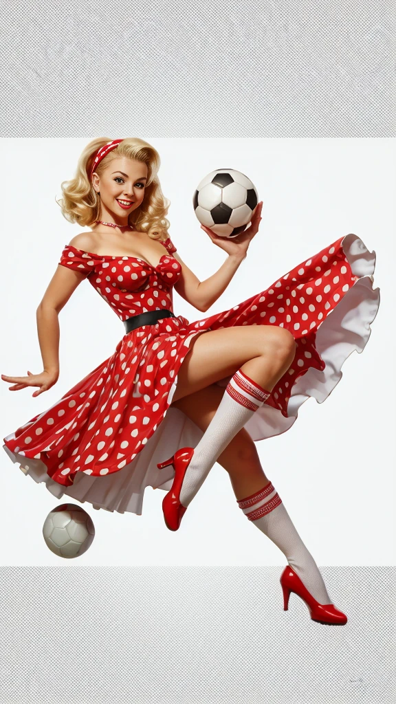 smiling blonde pin-up girl holding a soccer ball in her hands, full length in a red dress with big polka dots, wavy short pin-up hairstyle with a red bandana, dynamic pose curved waist, professional shot, super realism, white background