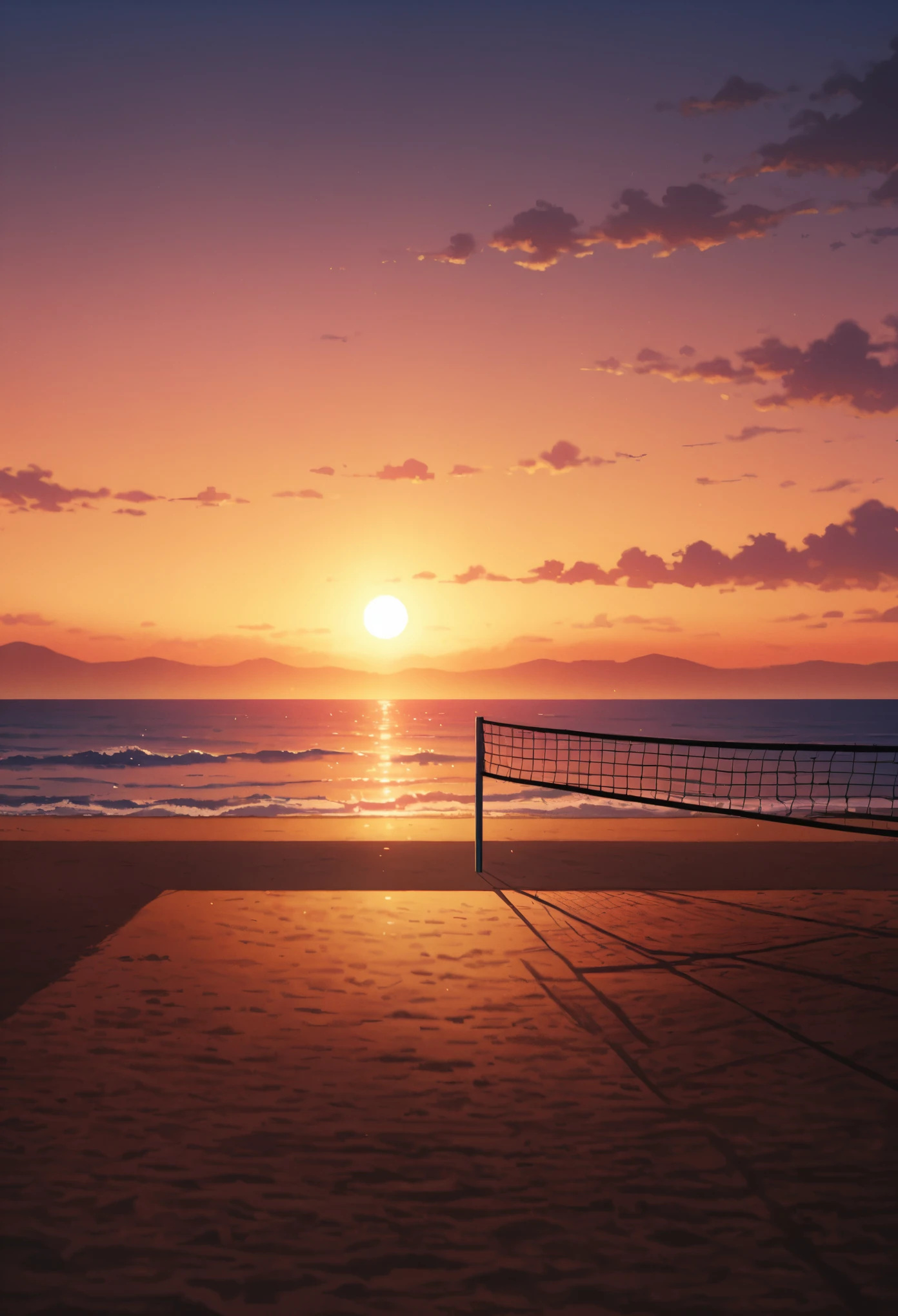 Beach volleyball court, Lonely, Empty volleyball court, Coastal, evening, Beach volleyball court silhouette, Quiet waves, Darkening sky, Magic Hour, Sandy Court, sunset ,Lonely空間, masterpiece:1.2, Very detailed, 8K, Bright colors, Natural light.