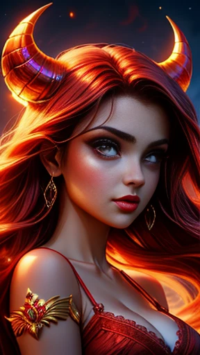 (( masterpiece)), (( best quality)), ( medium full shot: 1.0),uma mulher com cabelos ruivos e chifres de diabo, ( chifres de diabo: 1.0) em frente a uma fogueira, beautiful together, cosubedieval, together, garota demon, vermelho brilhante, vermelho brilhante eyes, with vermelho brilhante eyes, with olhos vermelhos brilhantes, olhos vermelhos brilhantes, demon, Alena Aenami e Artgerm, together in sundress portrait