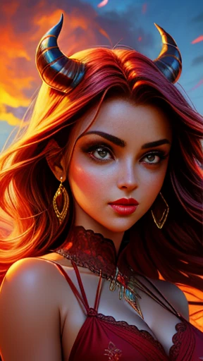(( masterpiece)), (( best quality)), ( medium full shot: 1.0),uma mulher com cabelos ruivos e chifres de diabo, ( chifres de diabo: 1.0) em frente a uma fogueira, beautiful together, cosubedieval, together, garota demon, vermelho brilhante, vermelho brilhante eyes, with vermelho brilhante eyes, with olhos vermelhos brilhantes, olhos vermelhos brilhantes, demon, Alena Aenami e Artgerm, together in sundress portrait