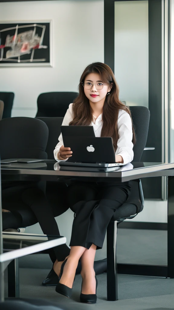 full body a bussiness girl in office with laptop and desk