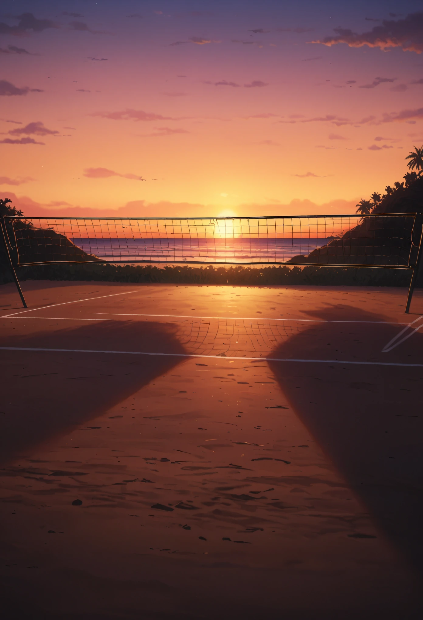 Beach volleyball court, A lonely, deserted beach court, coastal, evening, Beach volleyball court silhouette, Quiet waves, The darkening sky, Magic Hour, Sunset ,Lonely space, masterpiece:1.2, Very detailed, 8K, Bright colors, Natural lighting.