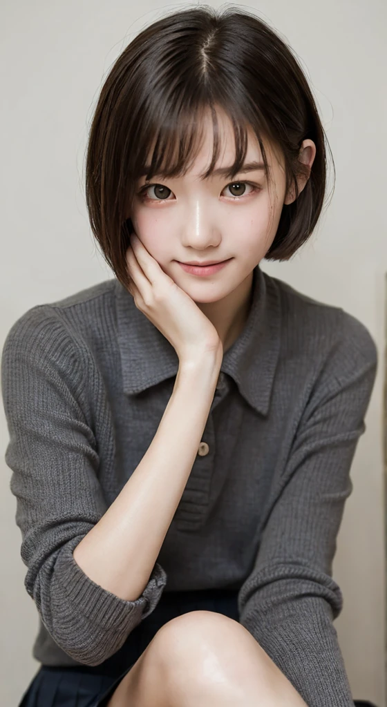 (masterpiece, Highest quality:1.2), Surreal school girl, alone, One girl,Her underwear is visible in her super mini skirt , (Glossy Skin 1.2), sweating, smile, View your viewers , Knee socks, afternoon, young woman, youthful, innocent appearance, short straight bob haircut, soft delicate facial features, gentle expression, casual cozy sweater, collared shirt, warm soft color palette, calm serene atmosphere, thoughtful contemplation