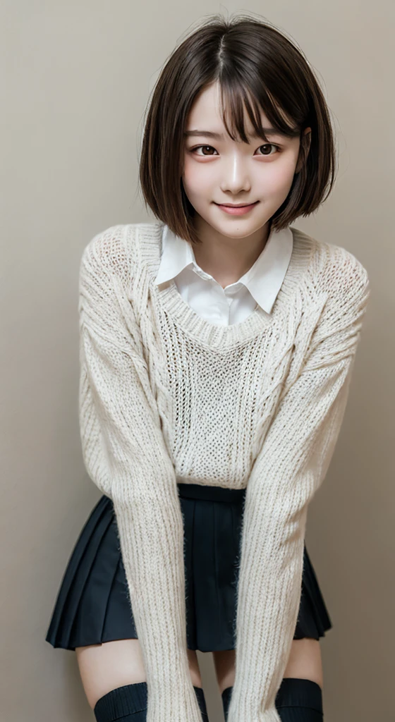 (masterpiece, Highest quality:1.2), Surreal school girl, alone, One girl,Her underwear is visible in her super mini skirt , (Glossy Skin 1.2), sweating, smile, View your viewers , Knee socks, afternoon, young woman, youthful, innocent appearance, short straight bob haircut, soft delicate facial features, gentle expression, casual cozy sweater, collared shirt, warm soft color palette, calm serene atmosphere, thoughtful contemplation