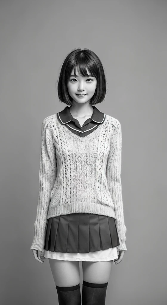 (masterpiece, Highest quality:1.2), Surreal school girl, alone, One girl,Her underwear is visible in her super mini skirt , (Glossy Skin 1.2), sweating, smile, View your viewers , Knee socks, afternoon, young woman, youthful, innocent appearance, short straight bob haircut, soft delicate facial features, gentle expression, casual cozy sweater, collared shirt, warm soft color palette, calm serene atmosphere, thoughtful contemplation