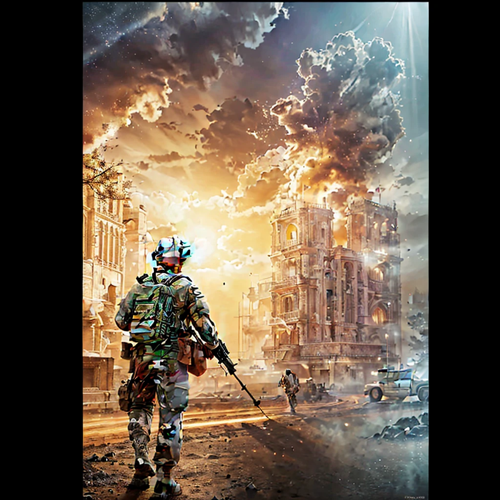 Very real image. soldiers. Photorealism, full view, highly detailed image, very realistic, hyperrealism, Ultra HD, 8k, 5, sharp focus, intricate and mysterious masterpiece. (Long exposure photography Artistic illustration close-up portrait very detailed: final quality, medium shot, backlight, Rich and striking. Enigmatic and mysterious manipulations (composition of the rule of thirds), ((detailed environment with strong lines) The best quality, in camera, white light, warm and clean aesthetics, dazzling screen composed of millions of brilliant ultraviolet rays, HDR.