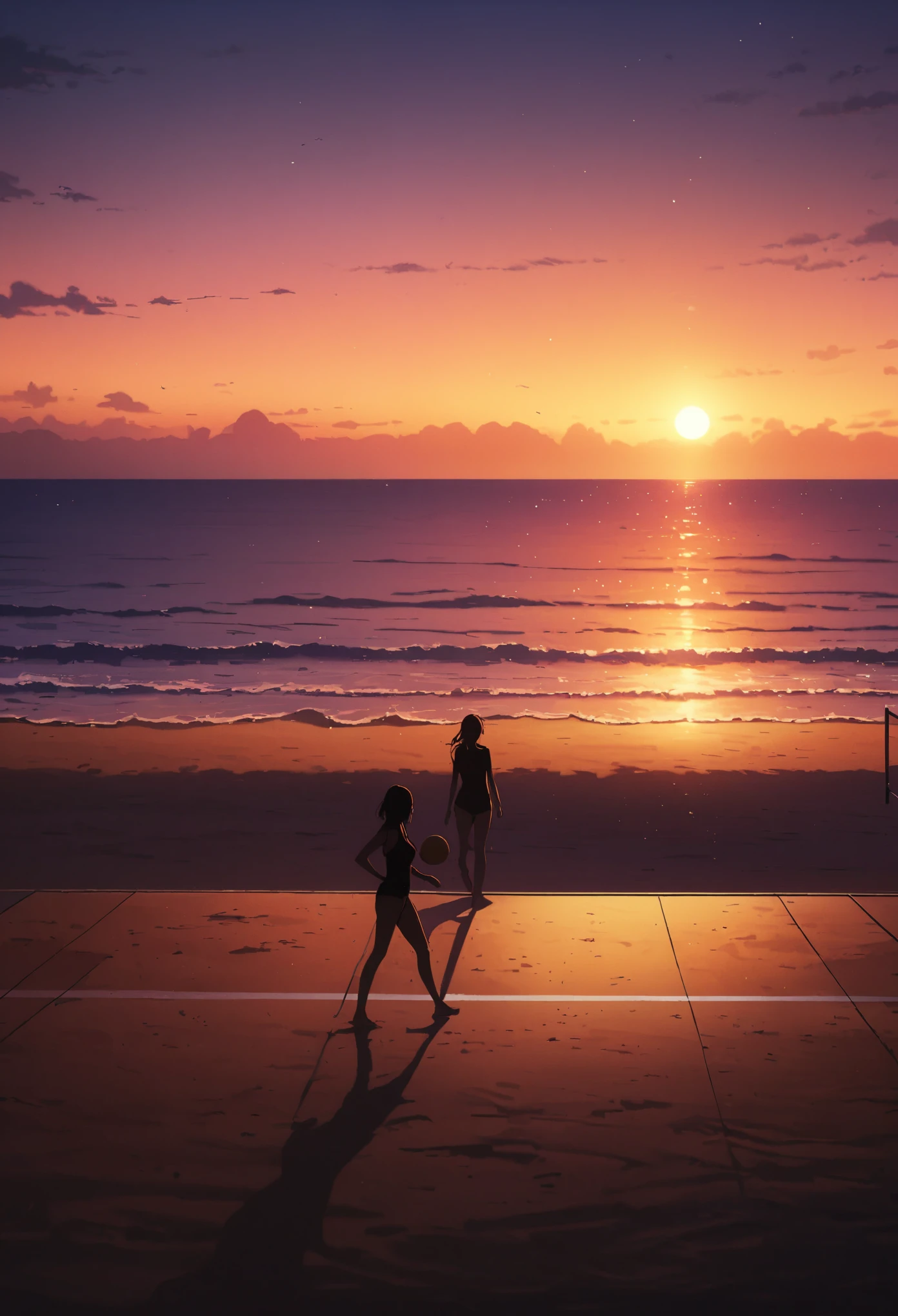 Beach volleyball court, A lonely, deserted beach court, coastal, evening, Beach volleyball court silhouette, Quiet waves, The darkening sky, Magic Hour, Sunset ,Lonely space, masterpiece:1.2, Very detailed, 8K, Bright colors, Natural lighting.