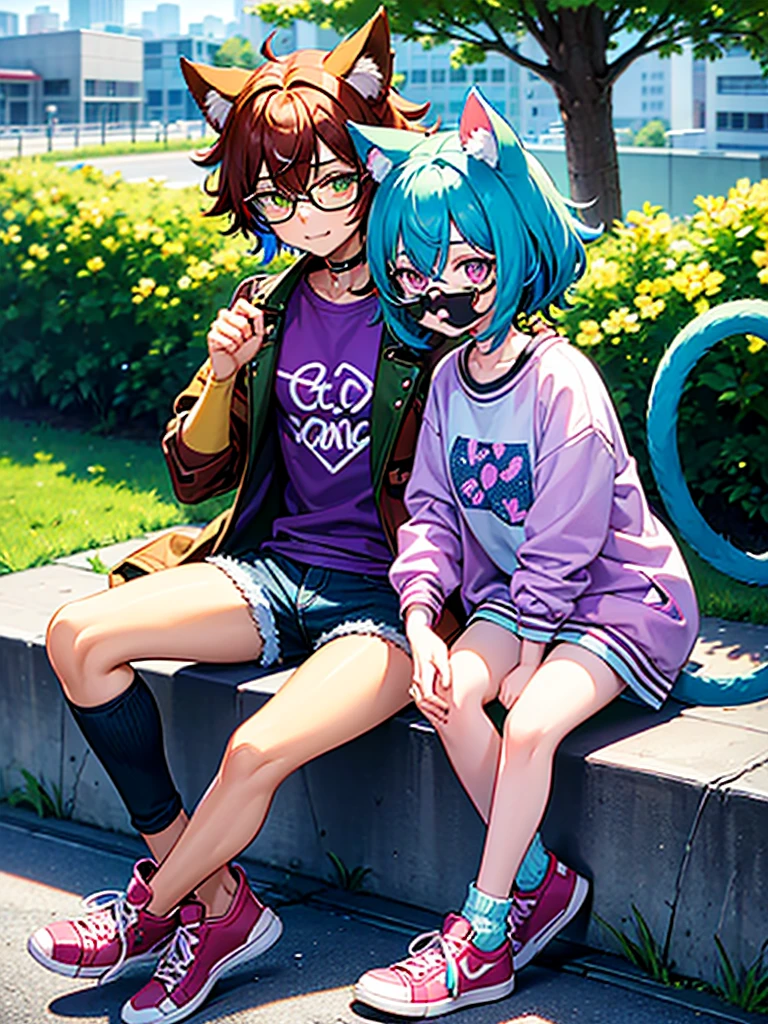 1boy, cat boy, (cat tail, two tails, blue taiks, fluffy tail, long tail), solo, short hair, curly hair, brown hair, long bangs, multicolored bangs, (brown hair, green hair, blue hair, purple hair, red hair, pink hair, blonde bangs), multicolored eyes, (red eyes, yellow eyes), simple shirt, purple shirt, heart shirt, denim jacket, open jacket, denim shorts, sneakers, candy stickers on jacket, holfing a drawing (of a green hair girl with glasses), looking at viewer, cute, innocent, cheerful, happy, masterpiece, best quality, city, puffy clouds, from above, looking at viewer, sitting on a park bench under a tree, 