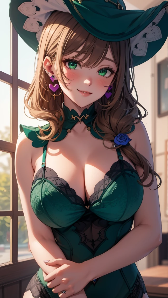 Masterpiece, Super Detail, High Quality, 8K CG, Huge Breasts, Night, Blushing, Smiling, Bright Eyes, Standing, (Shining Eyes:1.5), Upper Body Detail, beautiful Face and body, (((Sexy dark green lingerie, heart earrings))), sexy pose
