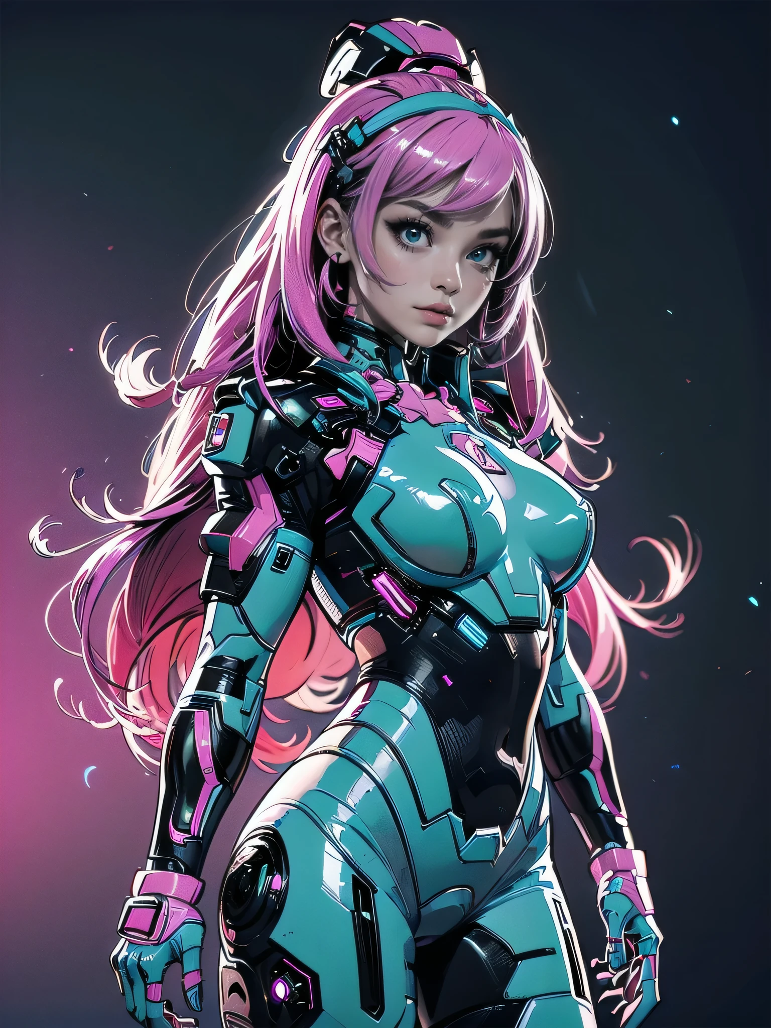 masterpiece, best quality, 1girl, solo, retro futuristic cyborgwoman, seamlessly blending mechanics and elegance. fit, small breasts, blueish skin, with magenta hair, fashion modeling pose, form fitting pastel green and pink with black colorblocking gundam suit-like-armor , happy, wild hair, humanoid face with bigger eyes and some cyberparts holding a retro futuristoc space-gun, plain background, dark colors, Anime, Cartoon, Comic Book, Concept Art