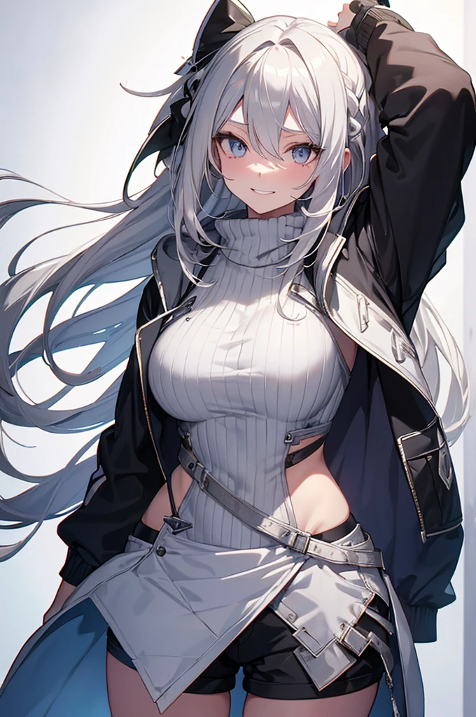  Concept Art, white Background, simple Background, White hair, Silver gradient hair , Composite cloth, Virtual YouTuber, best quality, masterpiece, Dynamic Angle, , cowboy_shooting, Watching_Back, grab, girl,Miss,woman, young,20 years old, , Hair Flip, Silver Hair, Flowing hair, Ahog, giggle, Beautiful and delicate golden eyes, teeth, Large Breasts, Blonde eyes, White skin, hoodie, Black_shorts, Gray clothes, transparent_Background, Backlighting, absurd, high resolution, Extremely detailed,sweater,Smile