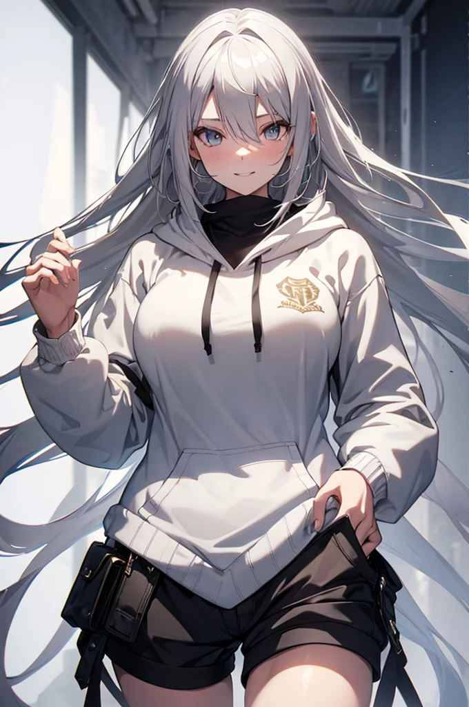 Concept Art, white Background, simple Background, White hair, Silver gradient hair , Composite cloth, Virtual YouTuber, best quality, masterpiece, Dynamic Angle, , cowboy_shooting, Watching_Back, grab, girl,Miss,woman, young,20 years old, , Hair Flip, Silver Hair, Flowing hair, Ahog, giggle, Beautiful and delicate golden eyes, teeth, Large Breasts, Blonde eyes, White skin, hoodie, Black_shorts, Gray clothes, transparent_Background, Backlighting, absurd, high resolution, Extremely detailed,sweater,Smile