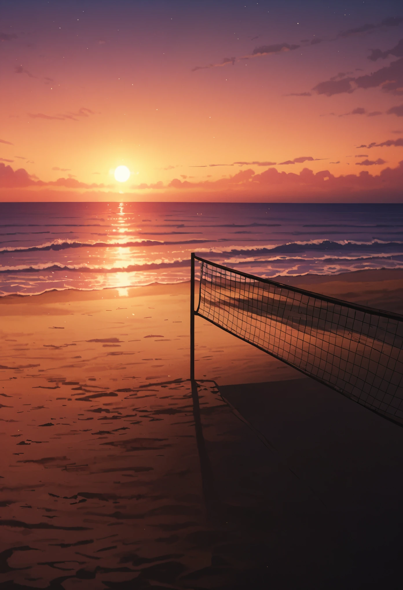 Beach volleyball court, Lonely, Abandoned beach court, Coastal, evening, Beach volleyball court silhouette, Quiet waves, Darkening sky, Magic Hour, sunset ,Lonely空間, masterpiece:1.2, Very detailed, 8K, Bright colors, Natural light.