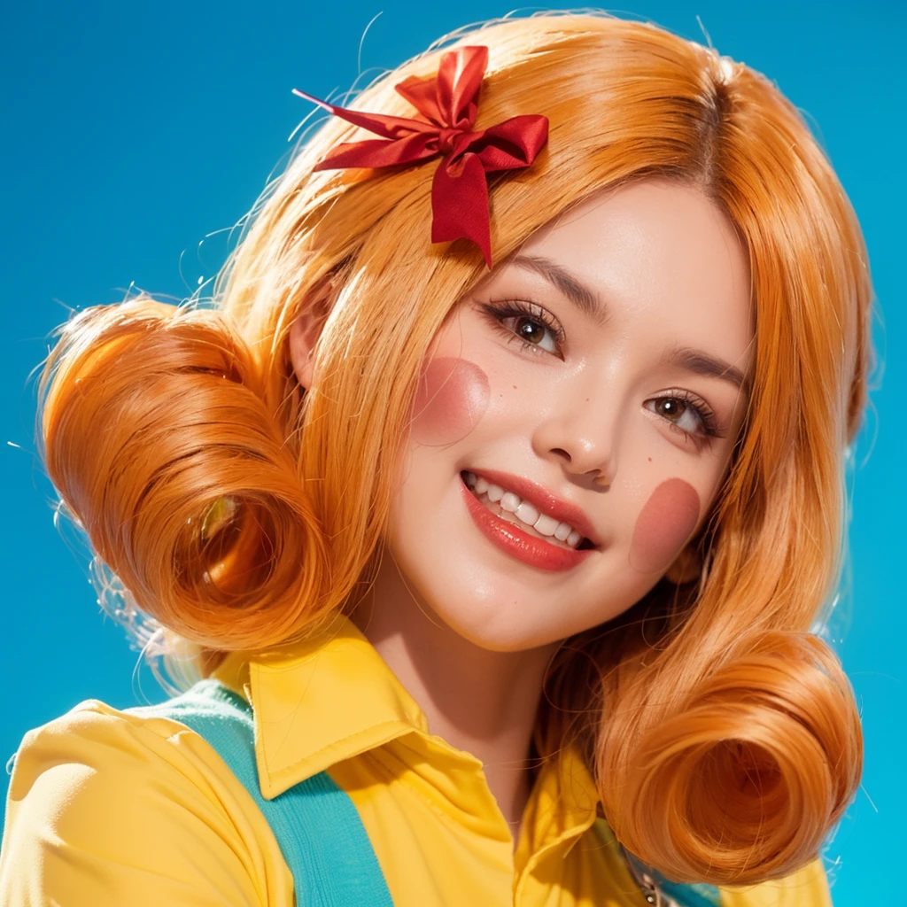 This image features a young woman with a radiant and whimsical appearance. She has vibrant orange hair styled in playful, voluminous curls and adorned with a bright red bow. Her makeup is theatrical with large, round red blush spots on her cheeks, complementing her cheerful smile. Her outfit, partially visible, includes a bright yellow top, adding to the colorful, lively theme. The background is a solid, bright blue, enhancing the vividness of her hair and makeup. The overall look of the woman is reminiscent of a classic cartoon or comic character, full of joy and exuberance. This image captures a playful and exuberant essence, perfectly suited for a character full of life and happiness. rich, colorful environment.chalk inscription  3d model, multiple light sources, rim light, sharp post broken glass magic ball of turquoise color with fragments lying nearby frame above from above on a white background effects render, (glossy plastic texture with multiple big light probe refractions), perfect cgi, smooth silhouette, high intensity refraction, (super glossy plastic material), most beautiful vfx, , realistic, 4k, high resolution, rim light, smooth 3d model, multiple light sources, rim light, sharp post effects render,, realistic, 4k, high resolution, rim light detailed digital art, reflective, best quality, 4k, masterpiece:1.2, ultra-detailed, realistic, vivid colors, The image of the highest quality, ensuring every detail showcased perfectly. It in 4k resolution, allowing viewers to immerse themselves in the richness of the colors and intricate details. The realistic rendering. under the spotlight, reflecting, high-resolution image, realistic rendering