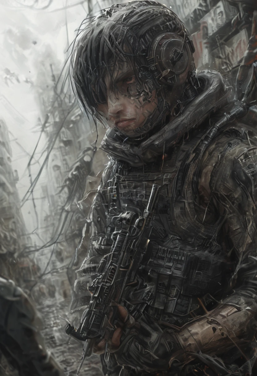 High Quality illustration,ultra detailed, Beautiful picture of A painting a Soldier, Weapons in your hands,,16k, blurry, masterpiece, cinematic, monochrome,, oil painting 