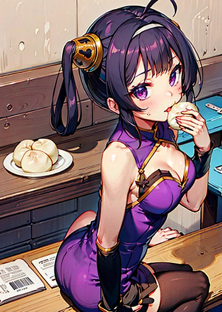 ning_hai\(azur lane\),purple_eyes,purple_hair, purple_eyes,ahoge, hairband, side-tie_panties, single_thighhigh, cowboy shot,china_dress,sitting, indoors,food on the table,jiaozi, baozi, from behind, from above, ass,looking at viewer, eating,, masterpiece, best quality, extremely detailed face, sharp details, high contrast,