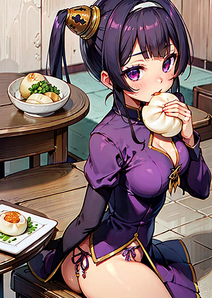 ning_hai\(azur lane\),purple_eyes,purple_hair, purple_eyes,ahoge, hairband, side-tie_panties,  single_thighhigh, cowboy shot,china_dress,sitting, indoors,food on the table,jiaozi, baozi, from behind, from above, ass,looking at viewer, eating,, masterpiece, best quality, extremely detailed face, sharp details, high contrast,